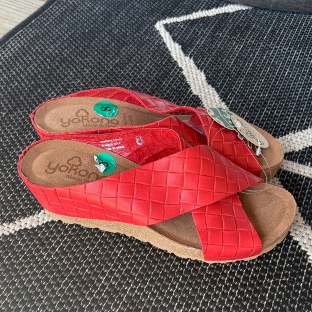 Yokono Wedge Sandal Red Orange Woven Leather SlipOn NWT size 8